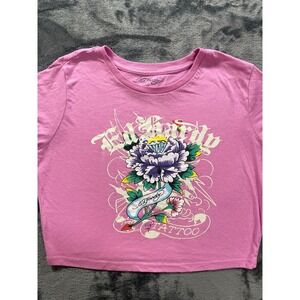Ed Hardy Graphic Crop Top Womens Size Large Y2K Tattoo Print Baby Tee